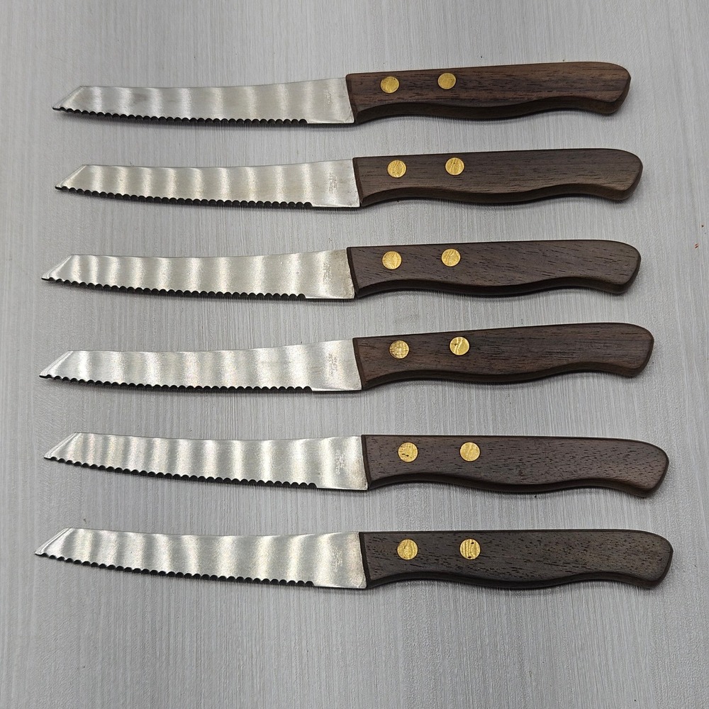 Vintage Stainless Japan Steak Knife Set 6 Wood Handle Brass Rivets Serrated MCM